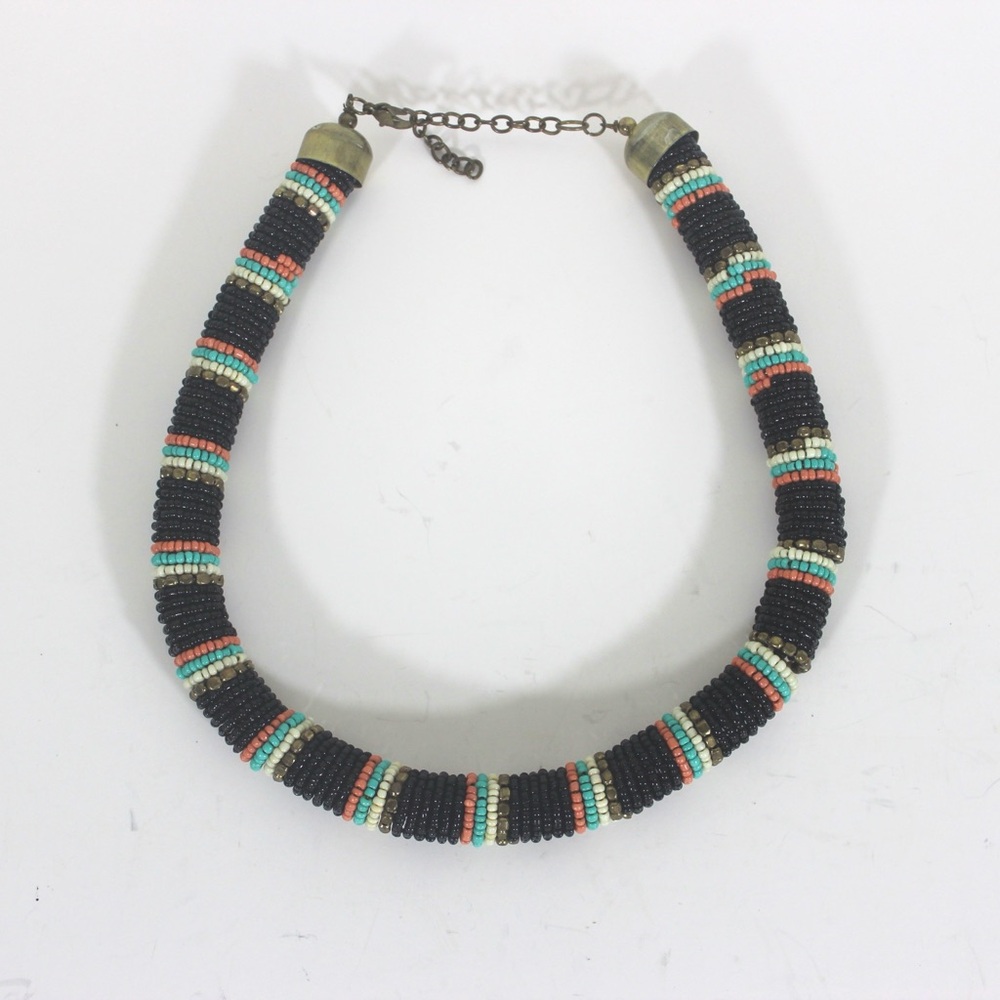 Vintage African Style Thick Beaded Necklace Black Pink Brass Gold